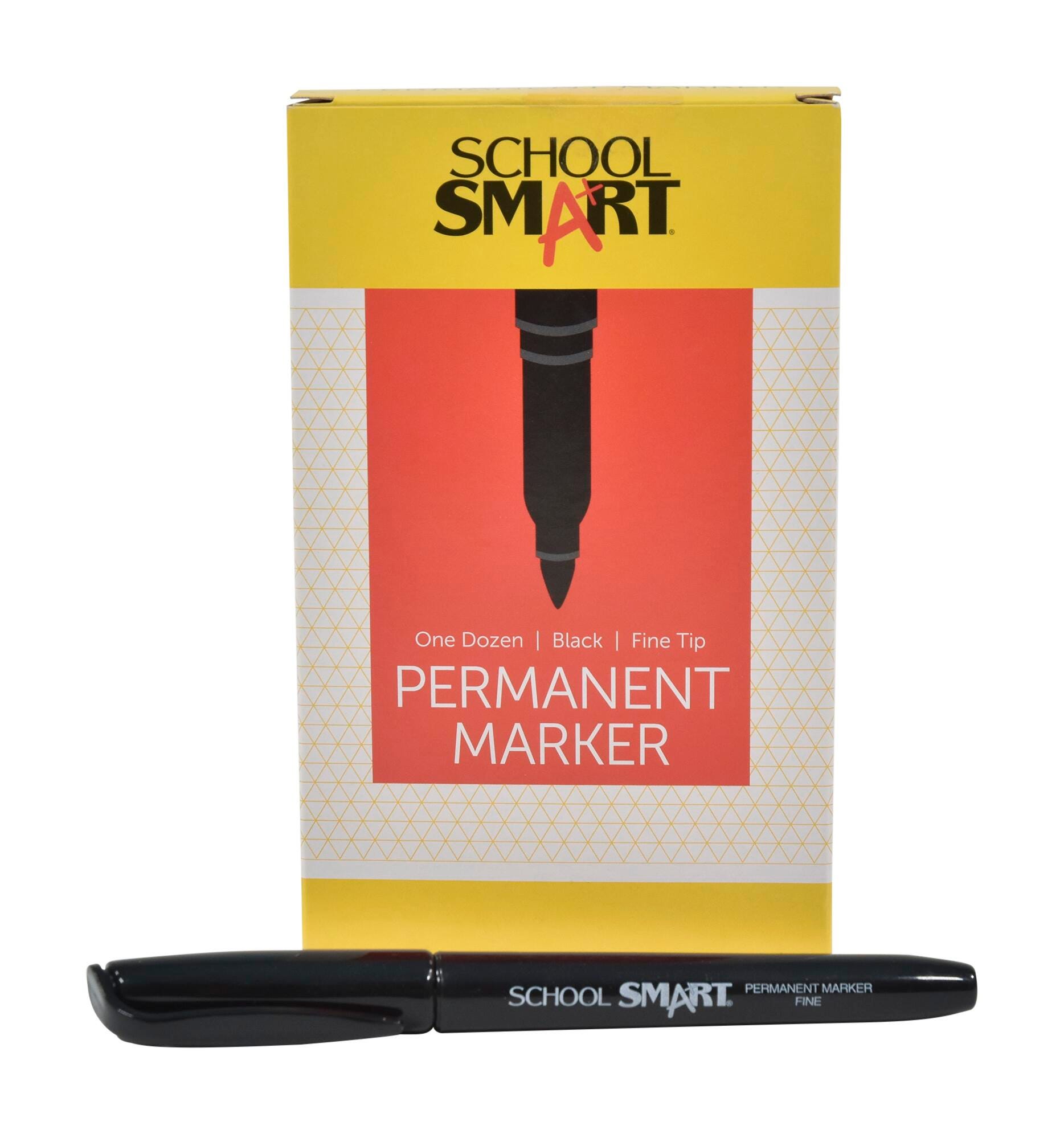 School Smart Fine Tip Permanent Markers, Quick-Drying and Water Resistant, 1 mm Tip, Black, Pack of 12 085026